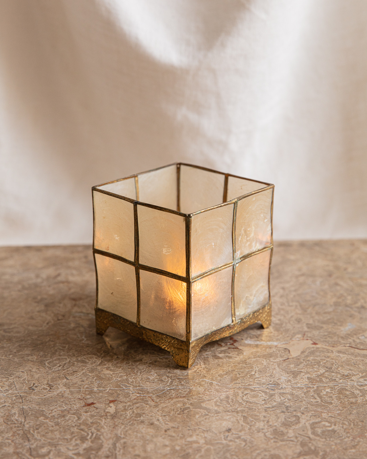 Capiz shell and brass cube shaped votive candle holder
