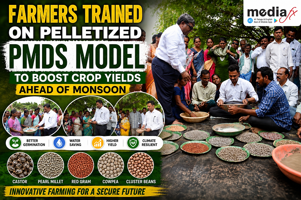 Farmers gather outdoors as a man demonstrates seeds on trays; poster reads Farmers Trained on Pelletized PMDS Model.