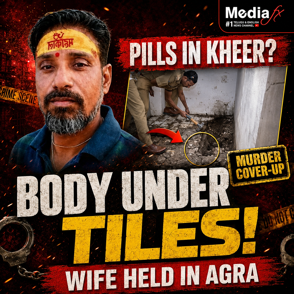 News graphic shows a man and police digging up a floor, with crime scene tape and headlines: BODY UNDER TILES! WIFE HELD IN AGRA
