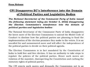 CPI Disapproves EC’s Interference into the Domain of Political Parties and Legislative Bodies
