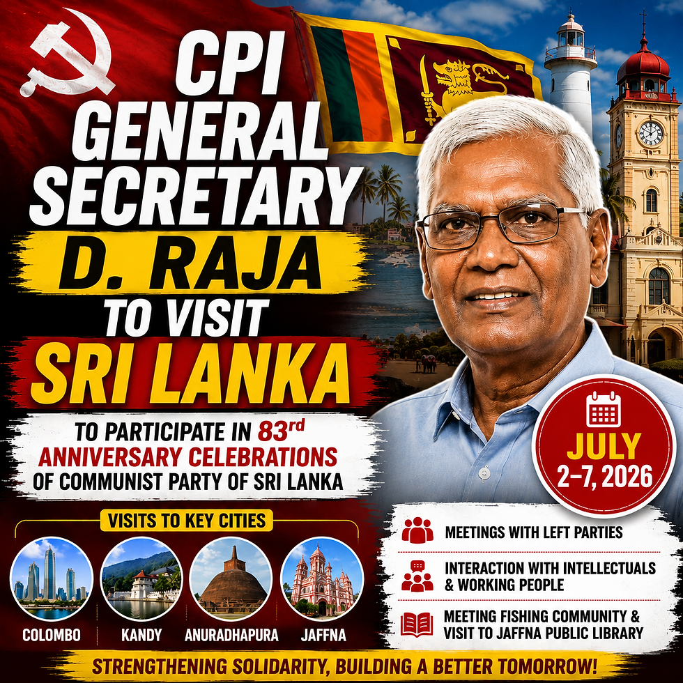 CPI General Secretary D. Raja to Visit Sri Lanka for Party Anniversary Celebrations