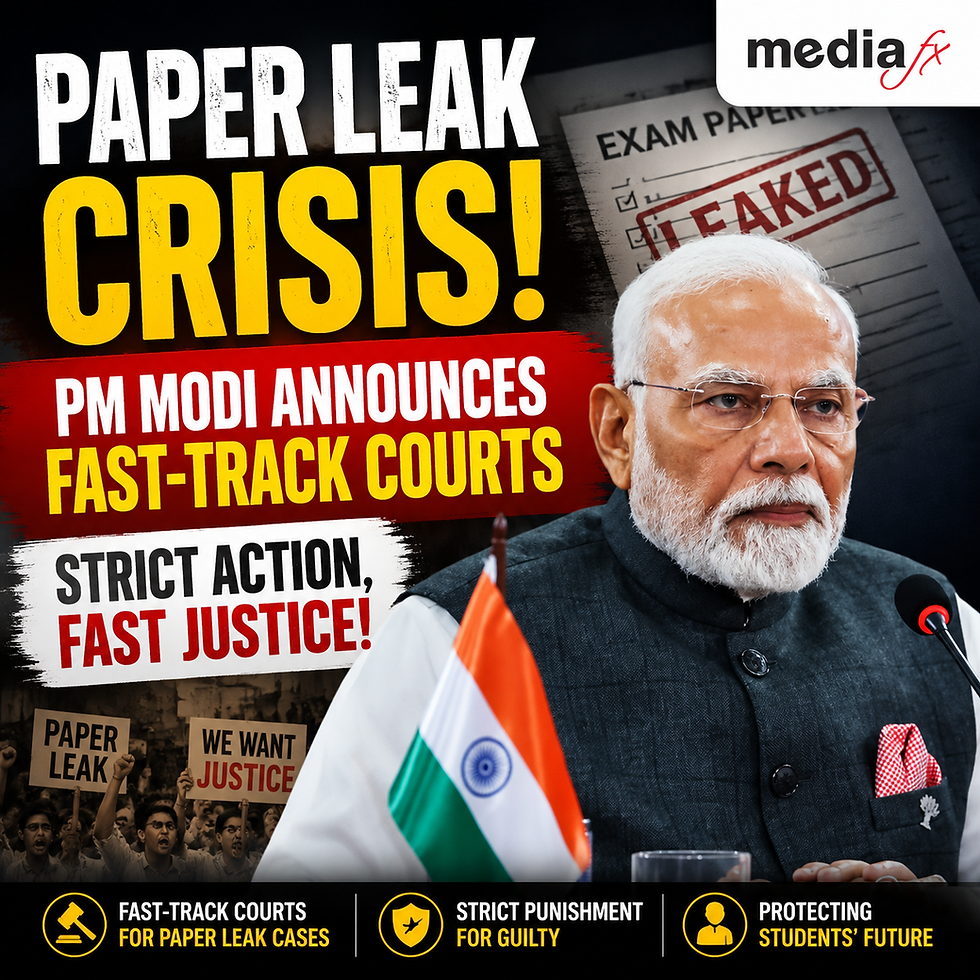 Poster of PM Modi at a podium beside the Indian flag, with headlines Paper Leak Crisis and Fast-Track Courts for paper leak cases.