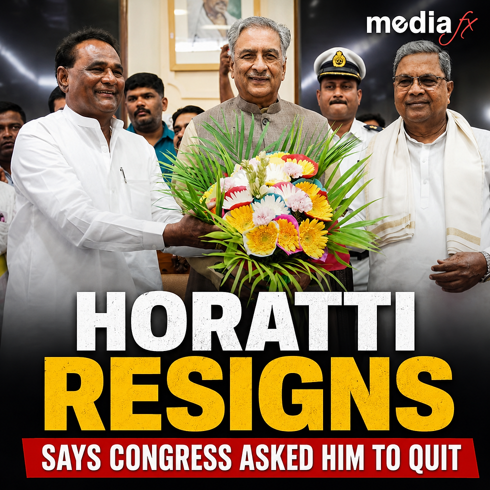Three men pose indoors with a colorful flower bouquet; news graphic reads HORATTI RESIGNS and SAYS CONGRESS ASKED HIM TO QUIT.