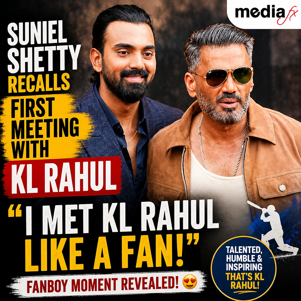 Poster of Suniel Shetty and KL Rahul with bold text: recalls first meeting, I met KL Rahul like a fan, fanboy moment revealed.
