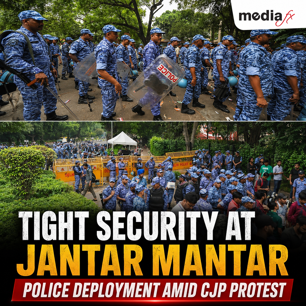 Blue-uniformed police with shields gather at Jantar Mantar during a CJP protest; text reads TIGHT SECURITY AT JANTAR MANTAR.