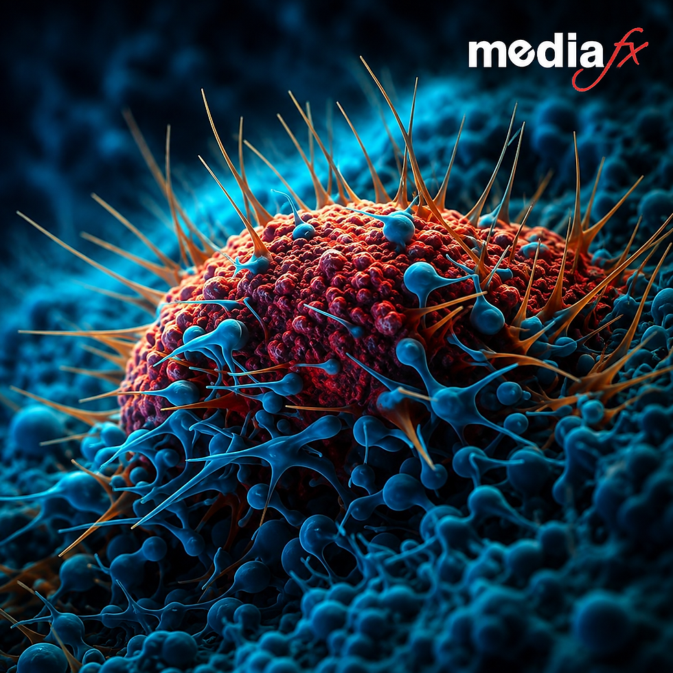 Microscopic red tumor cell covered in blue and orange spikes, with mediafx logo on a dark blue background.