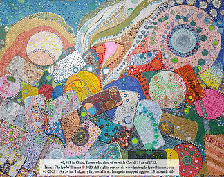 A drawing of many dots within circles and shapes reminiscent of cellphones. One dot for every Ohioan who died of or with Covid