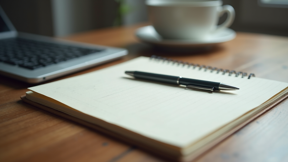Close-up view of a calm workspace with a notebook and pen