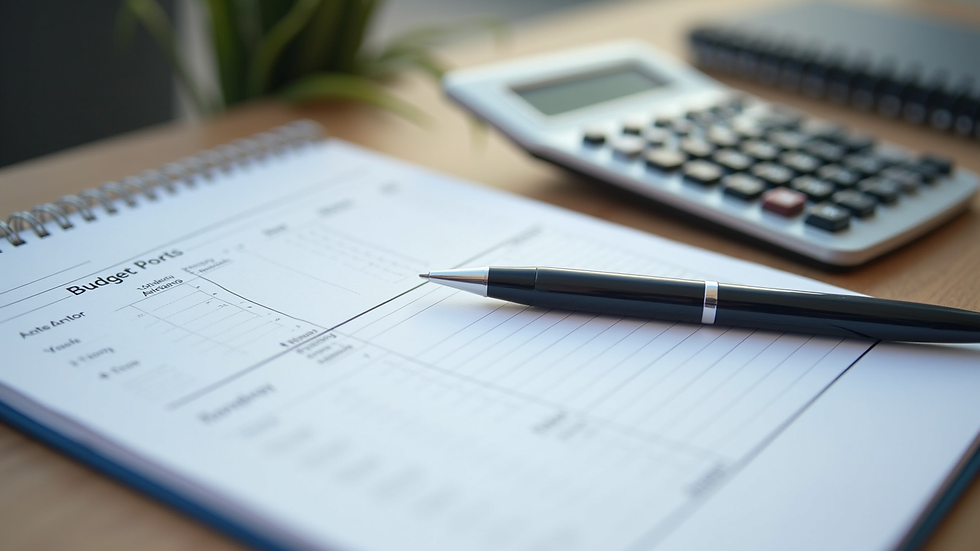 Eye-level view of a neat desk with a budgeting planner, calculator, and pen
