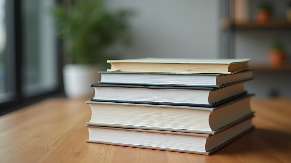 Close-up view of a stack of financial books on a wooden table