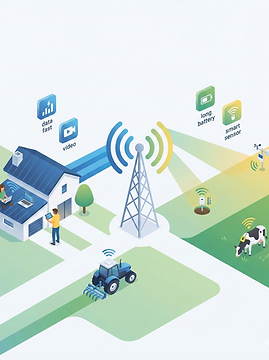 Representação de uma Rede Privada rural conectando a sede e a lavoura. Uma torre de sinal central distribui internet de alta velocidade para a casa, onde pessoas usam laptops e tablets, e simultaneamente para o campo, conectando um trator, sensores de longa duração e colares de monitoramento em gado.