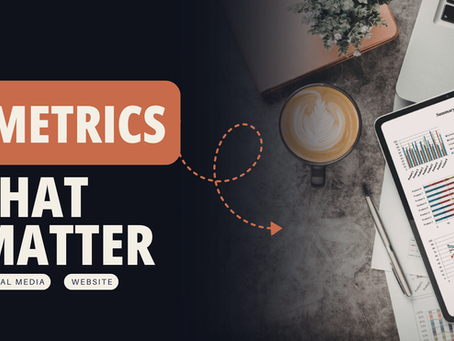A modern marketing-style graphic with the bold text ‘Metrics That Matter’ on a dark background. To the right, a tablet displays colorful charts and graphs alongside a cup of coffee on a desk, suggesting data analysis or business performance tracking.