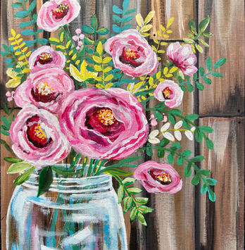Acrylic painting of bright pink peony flowers and green foliage inside a clear glass jar, set against a rustic, hand-painted brown wooden background.