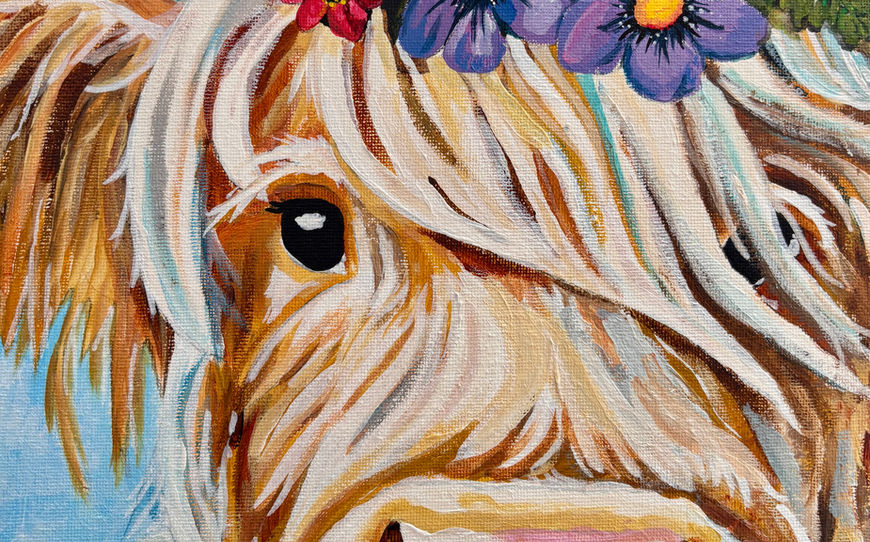 A colorful, textured acrylic canvas painting of a shaggy Highland cow, rendered in a bright, modern country-art style against a soft-focus background.
