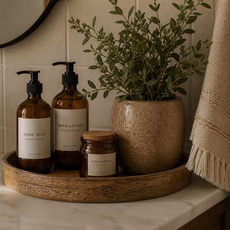 La Casa Belmonte toiletries and plant on a wooden tray.