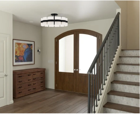 3D rendering of a modern entryway with arched wood doors and chandelier