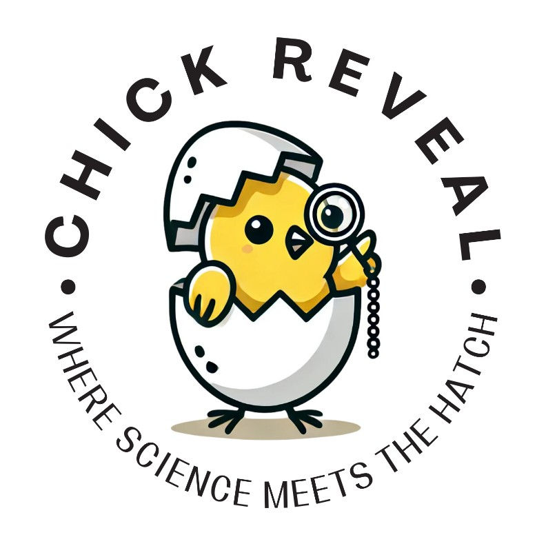 Chick Reveal logo: baby chicken in egg holding a monocle.