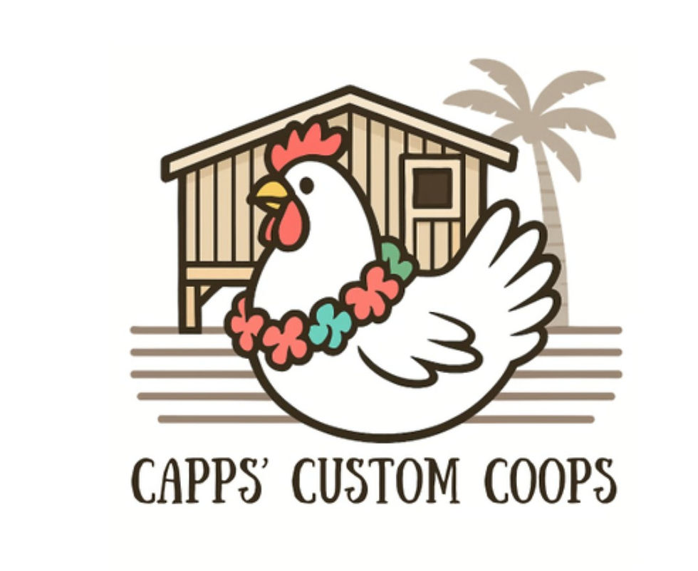 Capps' Custom Coops logo with a chicken wearing a lei