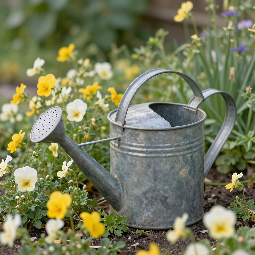 Galvanized watering can in a garden with pansies