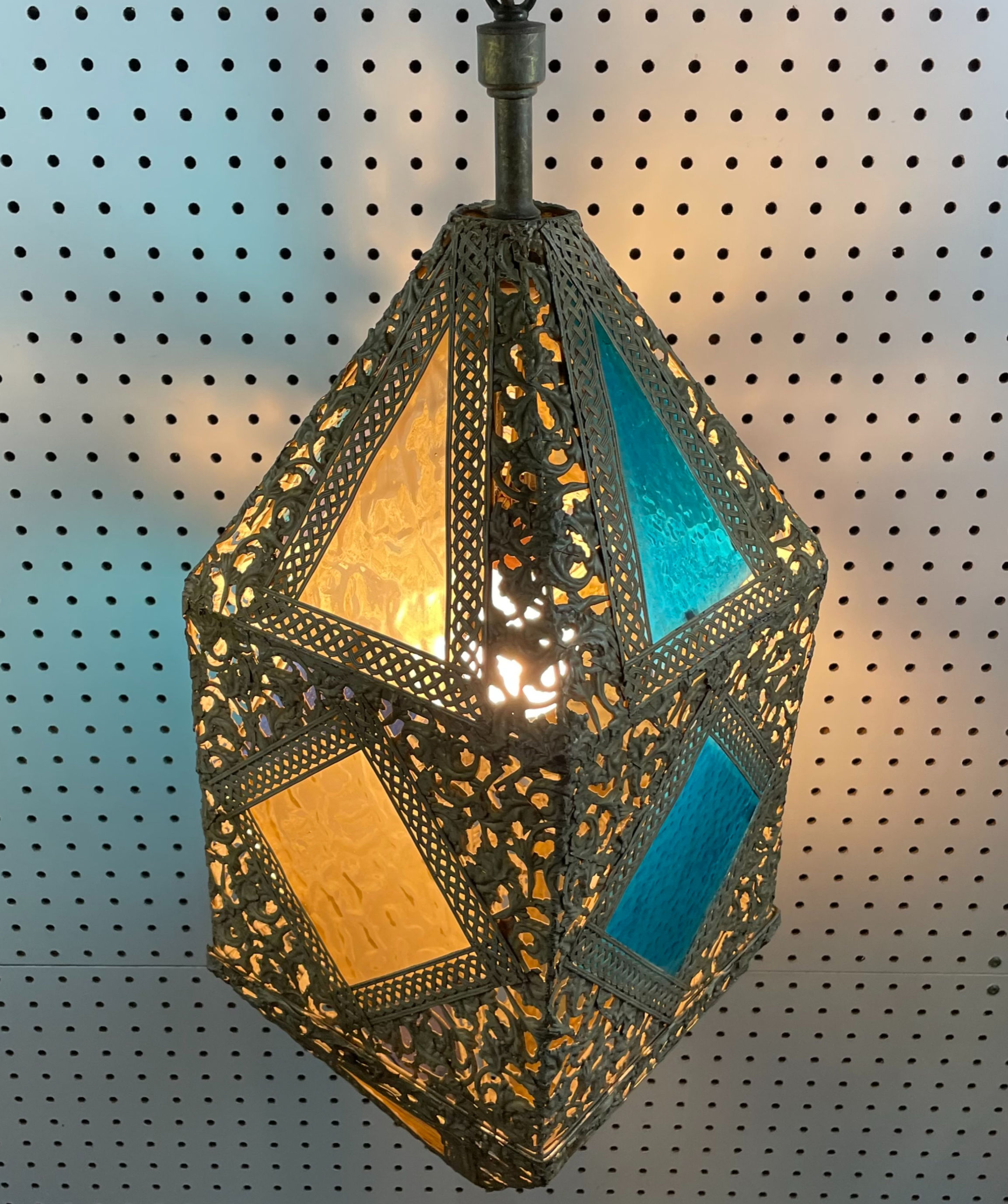 Ornate Metal & Stained Glass Blue & Gold Swag Lamp