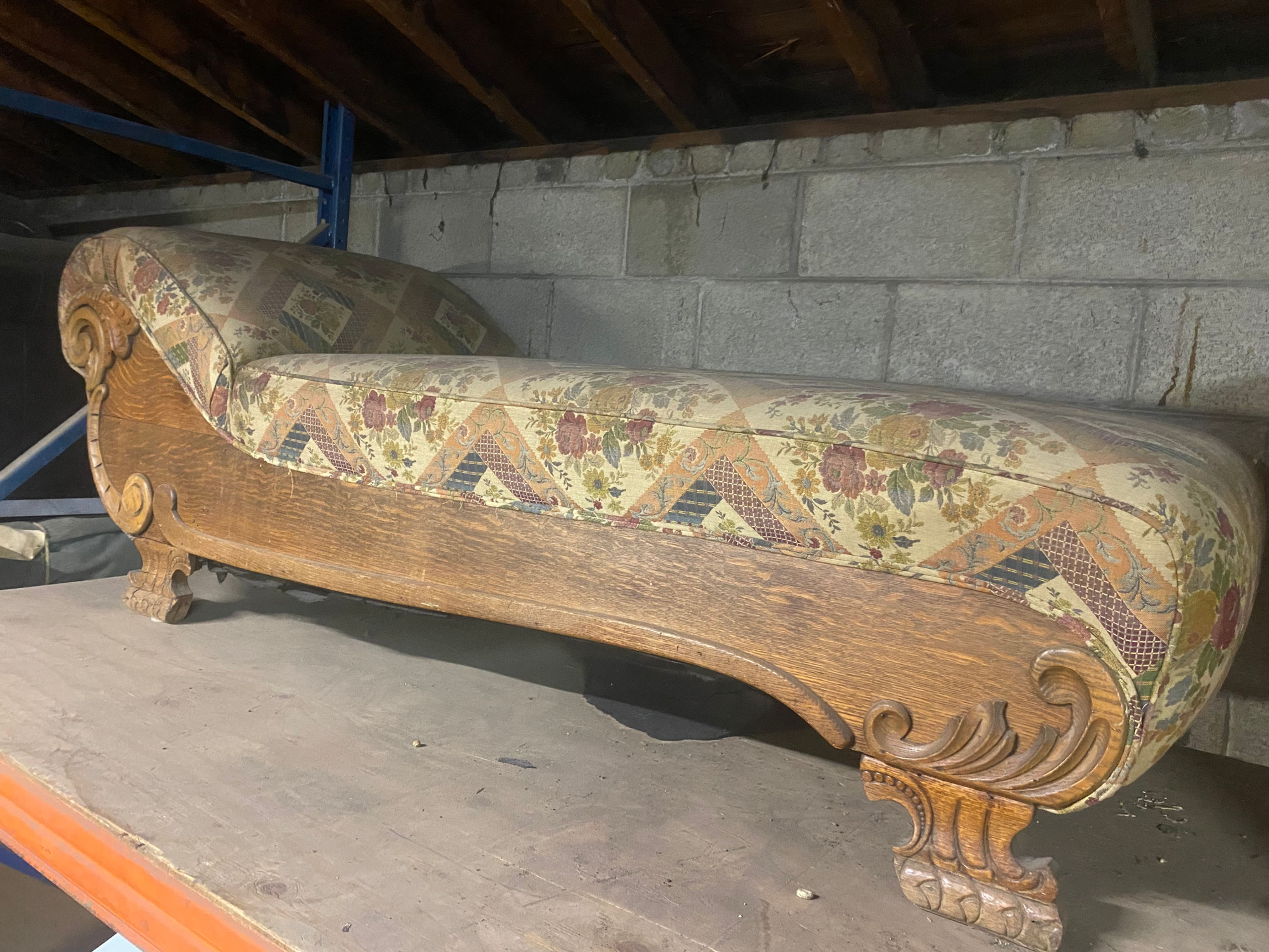 Carved Wood Chaise Lounge w/ Floral Motif Fabric