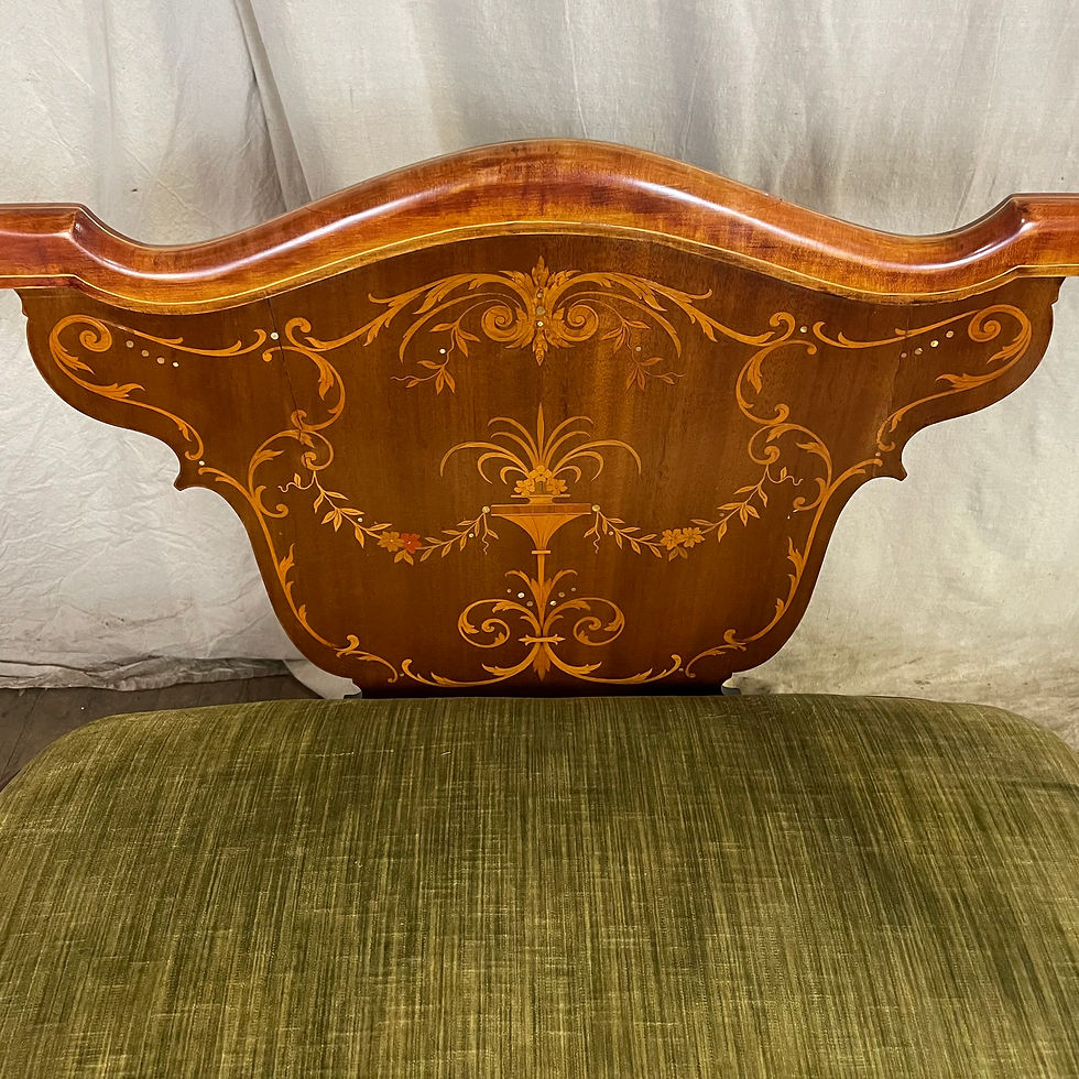 Thumbnail: Marquetry Wood Settee w/ Green Upholstery