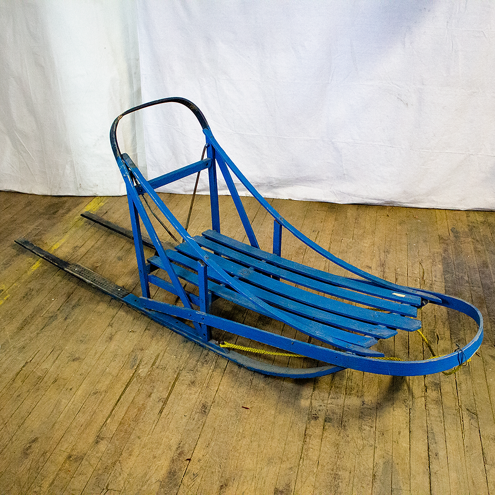 Blue Wooden Dog Sled High Angle