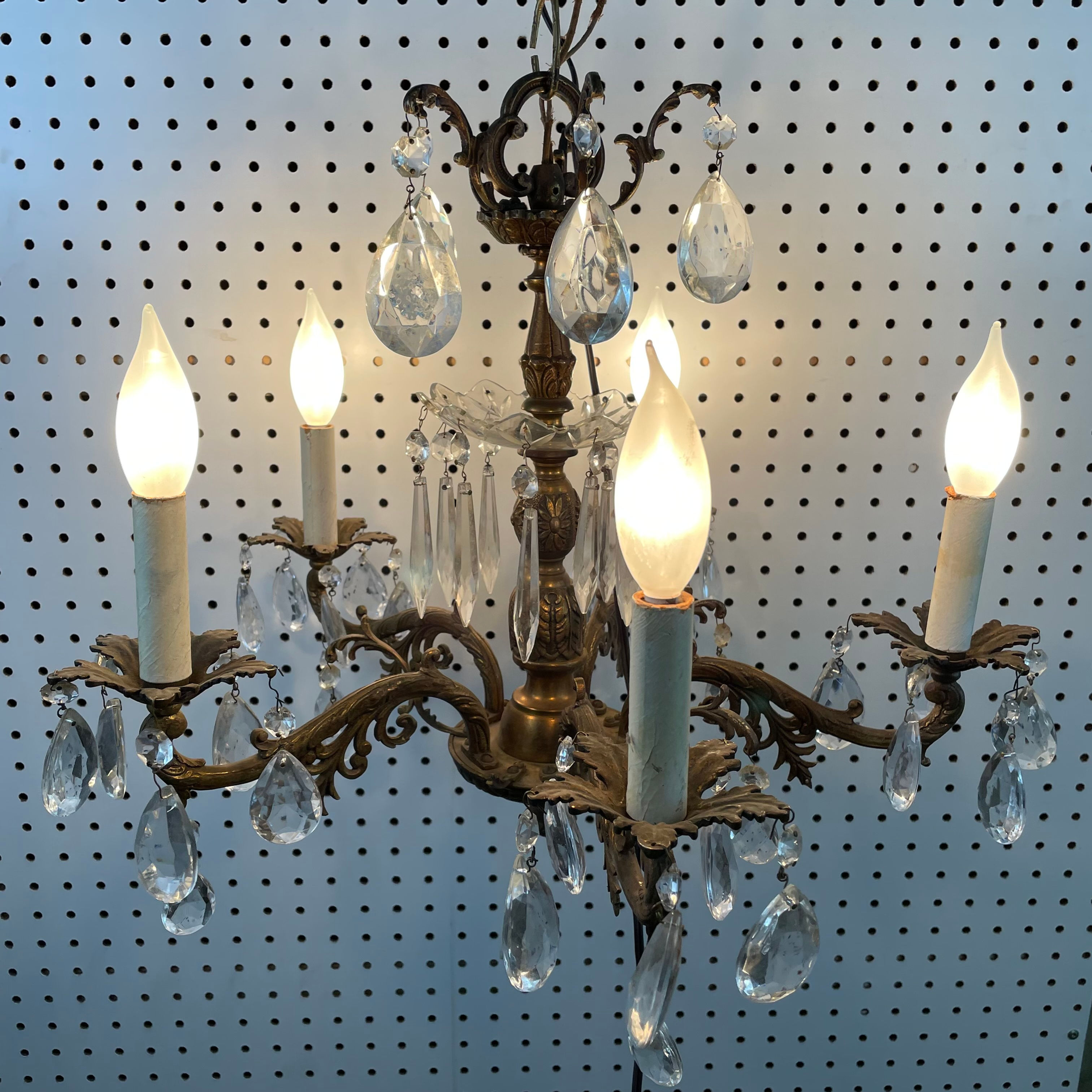 Brass & Crystal Faux Candle Electric Chandelier