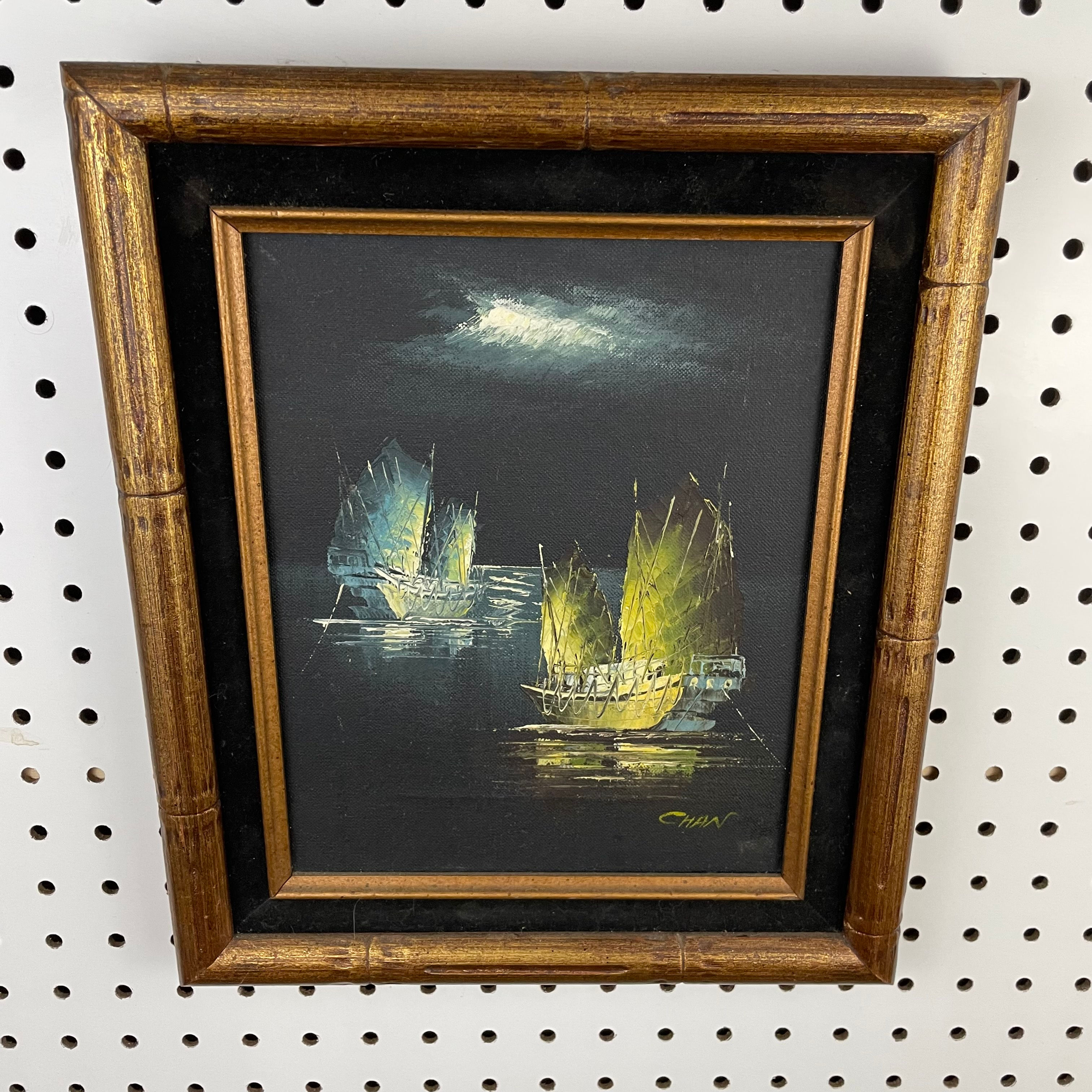 Small Colorful Ship Painting in Gold Frame