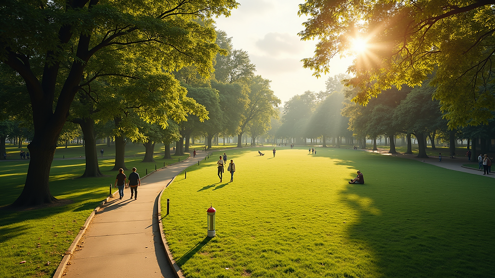 High angle view of a sunny park with people walking and enjoying nature
