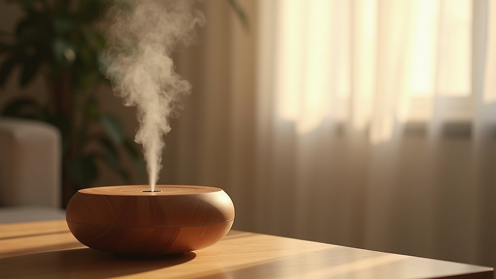 Close-up view of an A.I. powered diffuser emitting a gentle mist in a cozy living room