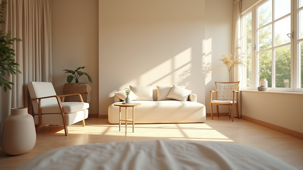 Eye-level view of a serene therapy room with soft lighting and comfortable seating