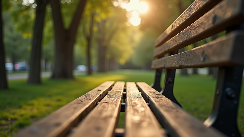 Eye-level view of a serene park bench surrounded by trees