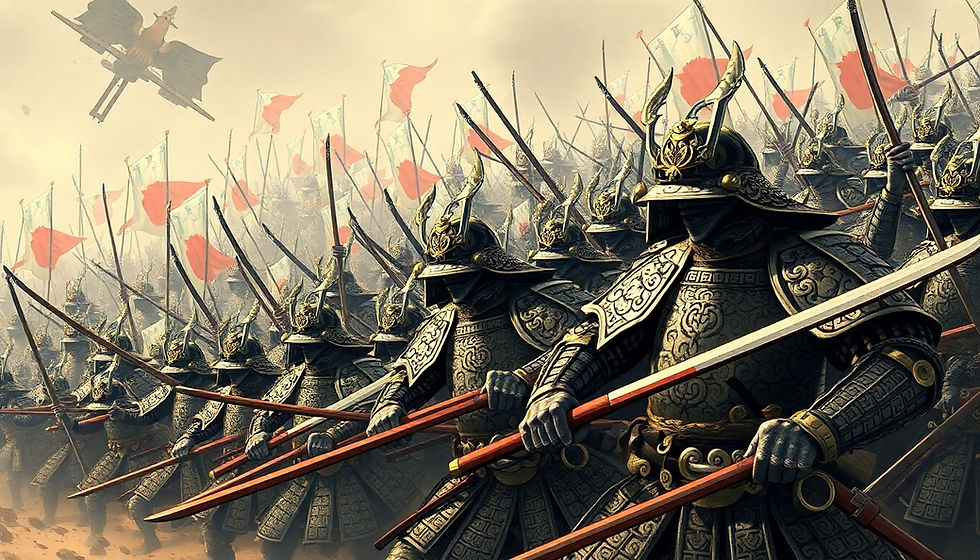 Armored warriors with swords and spears march in formation under red and white flags. A bird-shaped banner flies in a misty, battle-ready scene.