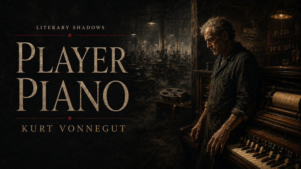 Dark literary poster for Kurt Vonnegut’s Player Piano, with an elderly machinist beside a self-playing piano and an empty 1950s factory.