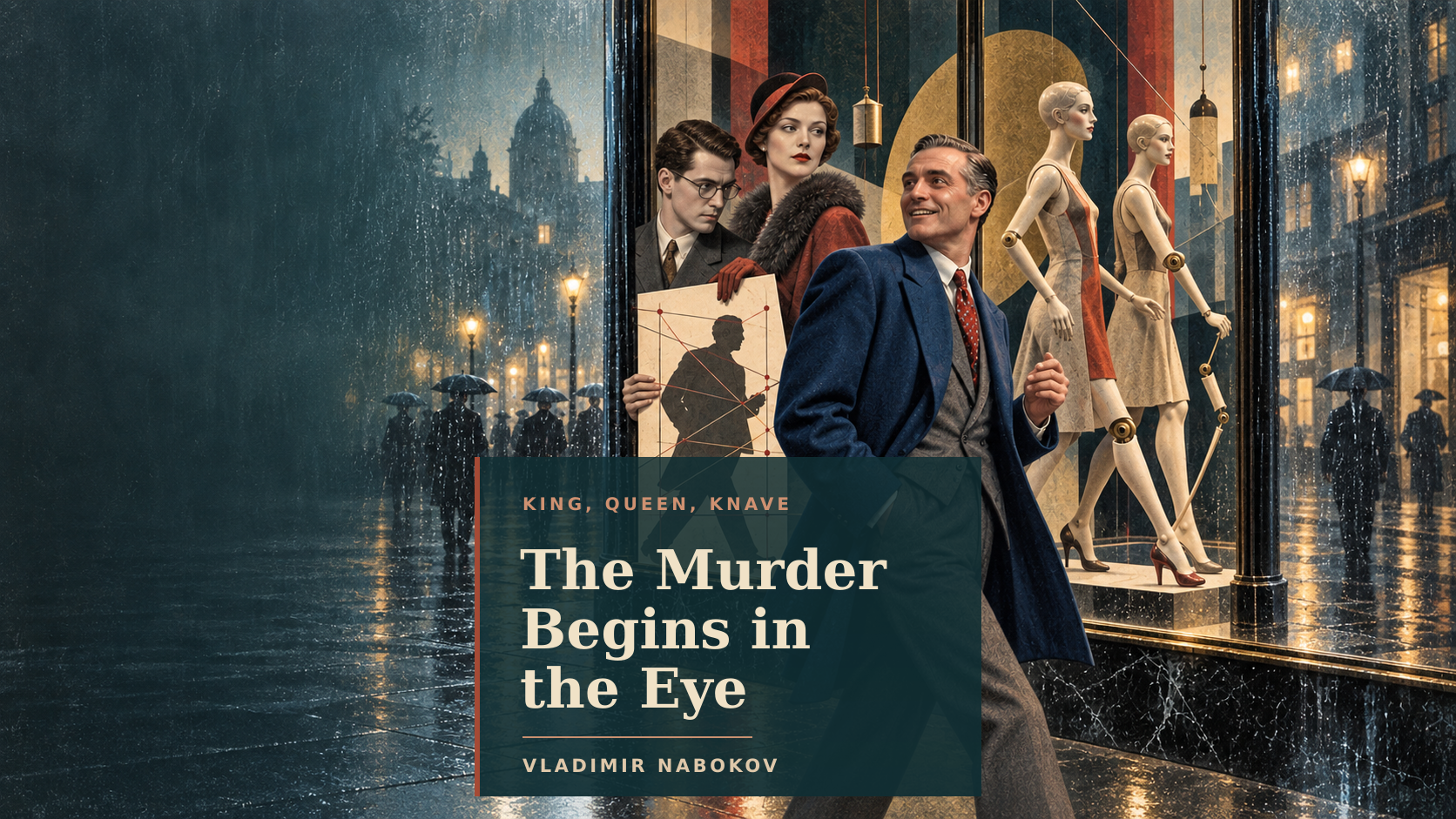 Editorial illustration of Dreyer walking brightly past a rain-dark Berlin shop window while Martha and Franz hold a diagram of his shadow beside mechanical mannequins; the image reads The Murder Begins in the Eye, King, Queen, Knave, and Vladimir Nabokov.