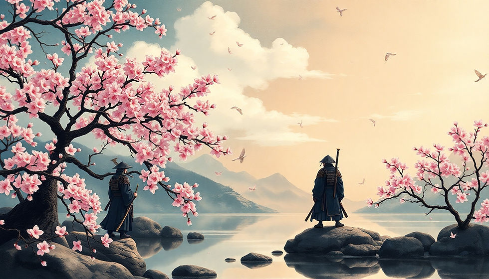 Samurai stand on rocks, framed by blooming cherry blossoms, overlooking a tranquil lake with mountains in the background. Birds fly above.