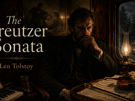 Somber Victorian train scene: pensive bearded man by oil lamp, violin and sheet music; title text The Kreutzer Sonata, Leo Tolstoy.