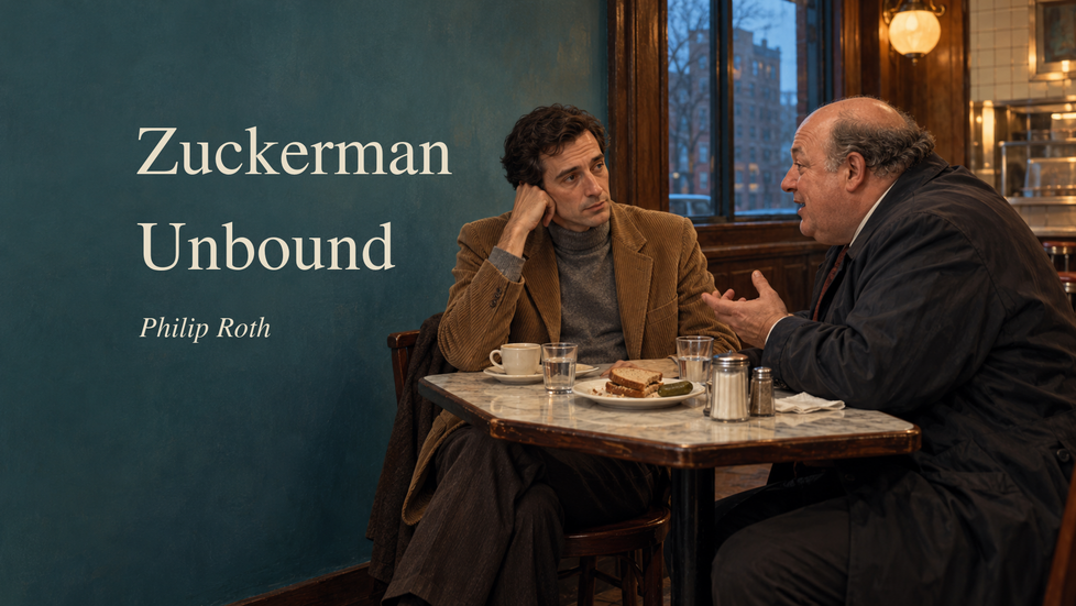Zuckerman Unbound by Philip Roth: two men at a deli table with a sandwich and pickle; one in tan listens as the other speaks.