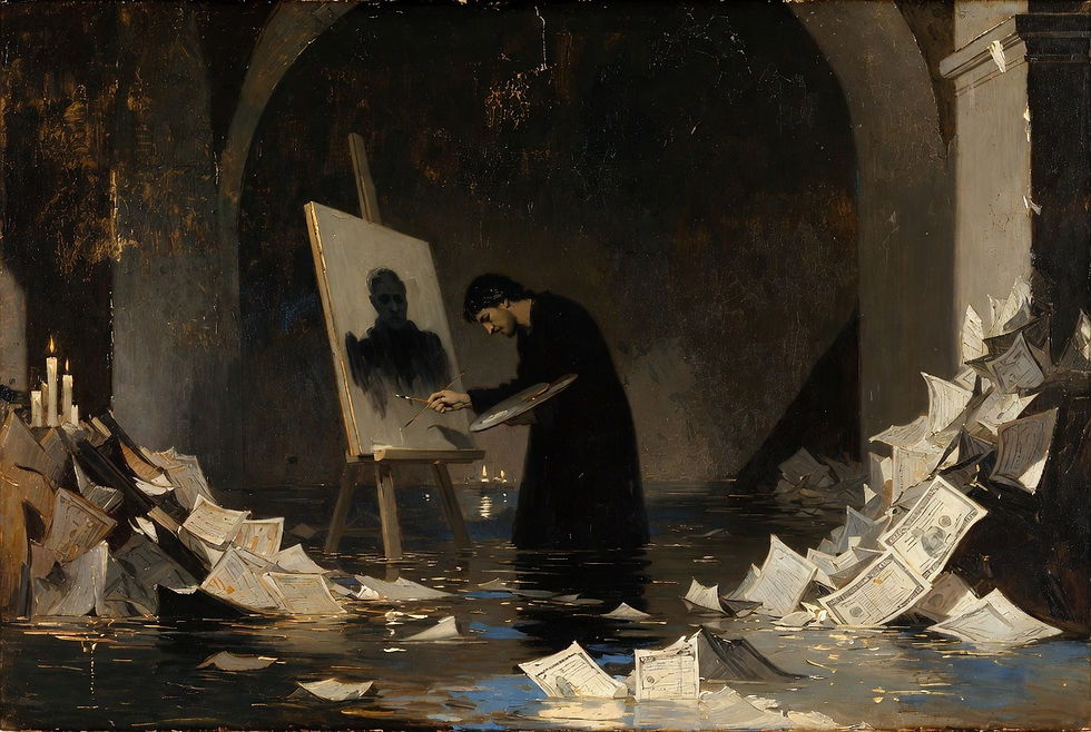 Beauvoir's taxonomy of evasion reimagined — a solitary figure at work in a painter’s studio surrounded by unfinished canvases, the serious man’s obedience rendered as artistic labour inside a constrained room