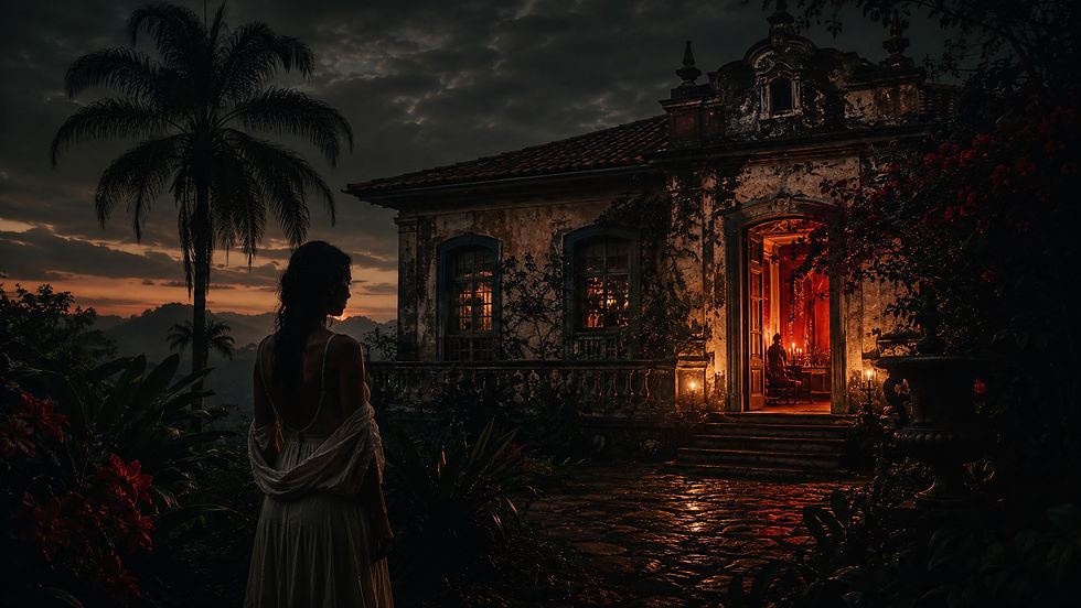Silhouette of a woman in a white dress facing a candlelit old mansion at dusk, with palm trees and a dramatic stormy sky.