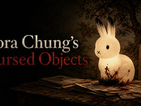 A glowing rabbit-shaped lamp sits on a dark wooden desk beside scattered papers, creating an eerie literary horror image for an essay on Bora Chung’s Cursed Bunny and cursed objects.