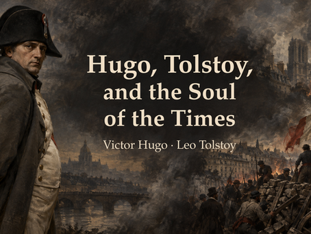 Dark historical montage of Napoleon in a bicorne and gray coat, with Parisian revolutionary barricades and a French tricolor. Text: Hugo, Tolstoy, and the Soul of the Times; Victor Hugo · Leo Tolstoy.