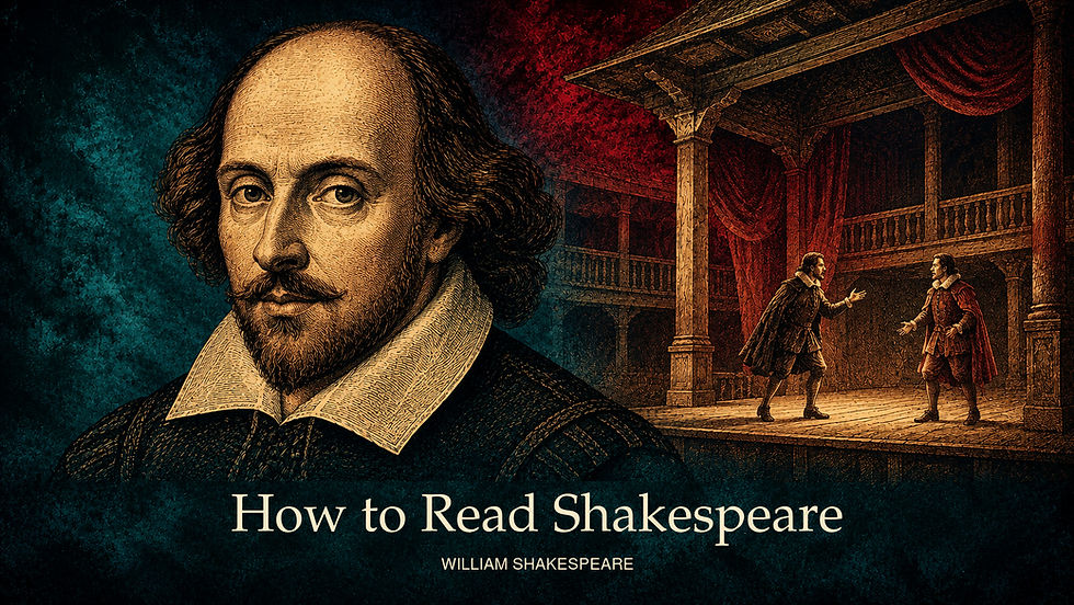 Engraved-style illustration of William Shakespeare beside two actors on an imagined early modern stage, titled How to Read Shakespeare, with William Shakespeare beneath.