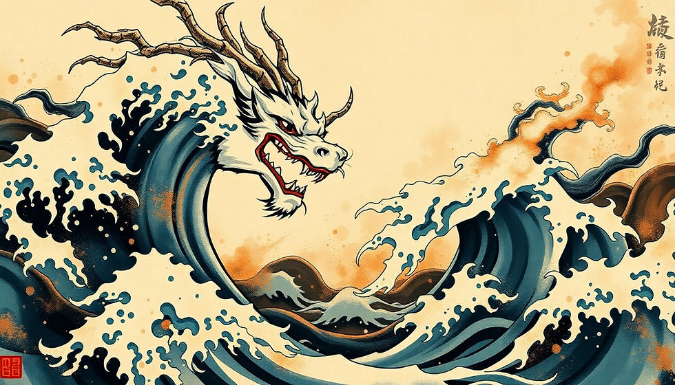 Asian-style dragon's head emerges from turbulent ocean waves, art features swirling blues and browns, with flowing water and dramatic motion.