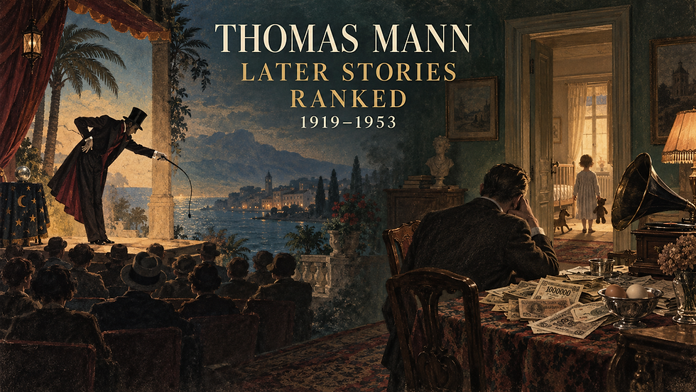 Editorial illustration contrasting Cipolla’s stage with a father beside a nursery, titled “Thomas Mann: Later Stories Ranked, 1919–1953.”