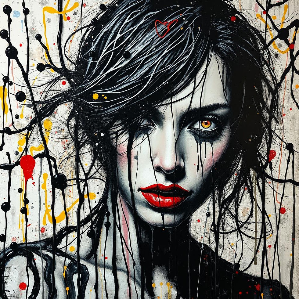 A monochromatic painting of a woman with intense yellow eyes and red lips. Paint drips in black, red, and yellow create an abstract effect.