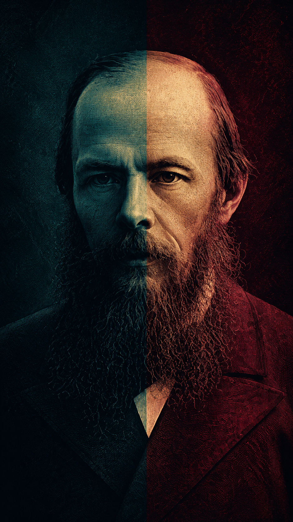 Dramatic teal and crimson engraved portrait of Dostoevsky with a long beard and intense gaze.
