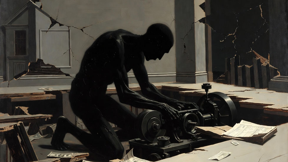 Schopenhauer's blind machinist reimagined — a solitary figure operating a printing press in near-darkness, the mechanical repetition of desire that never arrives at its promised destination