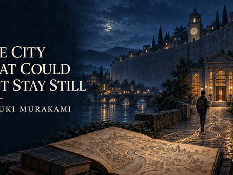 A young reader carrying books approaches a lit library within a high walled city above an open hand-drawn map; title: “The City That Could Not Stay Still,” Haruki Murakami.